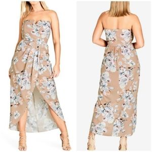 City Chic Sz S/16 Long Floral Print Faux Wrap Maxi Dress Strapless Tropical